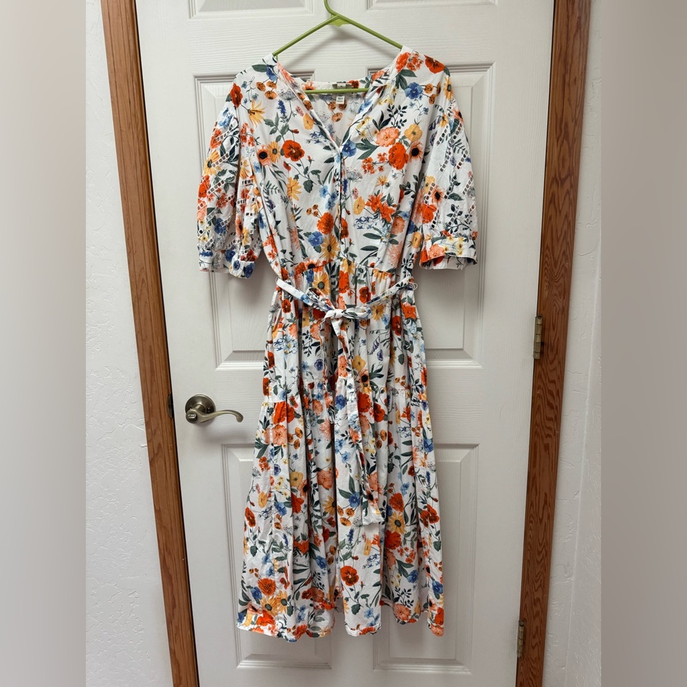 St. John's Bay Floral Midi Dress in White with Orange & Lavender
